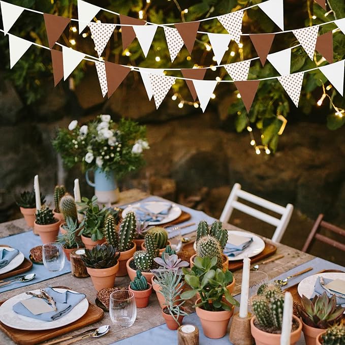 Zwiebeco 39Ft Brown White Dot Fabric Bunting Banner Triangle Flags Cotton Garland Pennant for Birthday Wedding Forest Wild One Safari Party Home Outdoor Garden Decorations