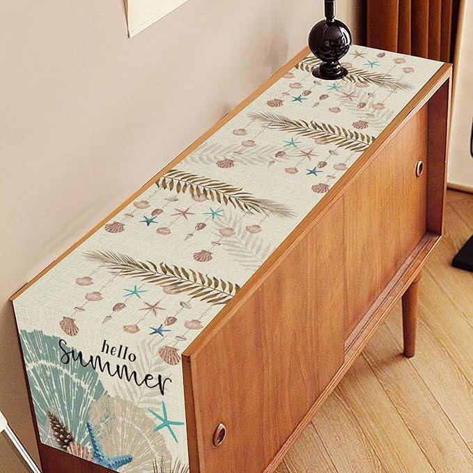 Nautical Coastal Table Runner, Rustic Starfish Seashells Tropical Leave Ocean Beach Hello Summer Farmhouse Coffee Table Center Decor for Home Kitchen Dining Patio Outdoor Table Decorations, 13"x72"