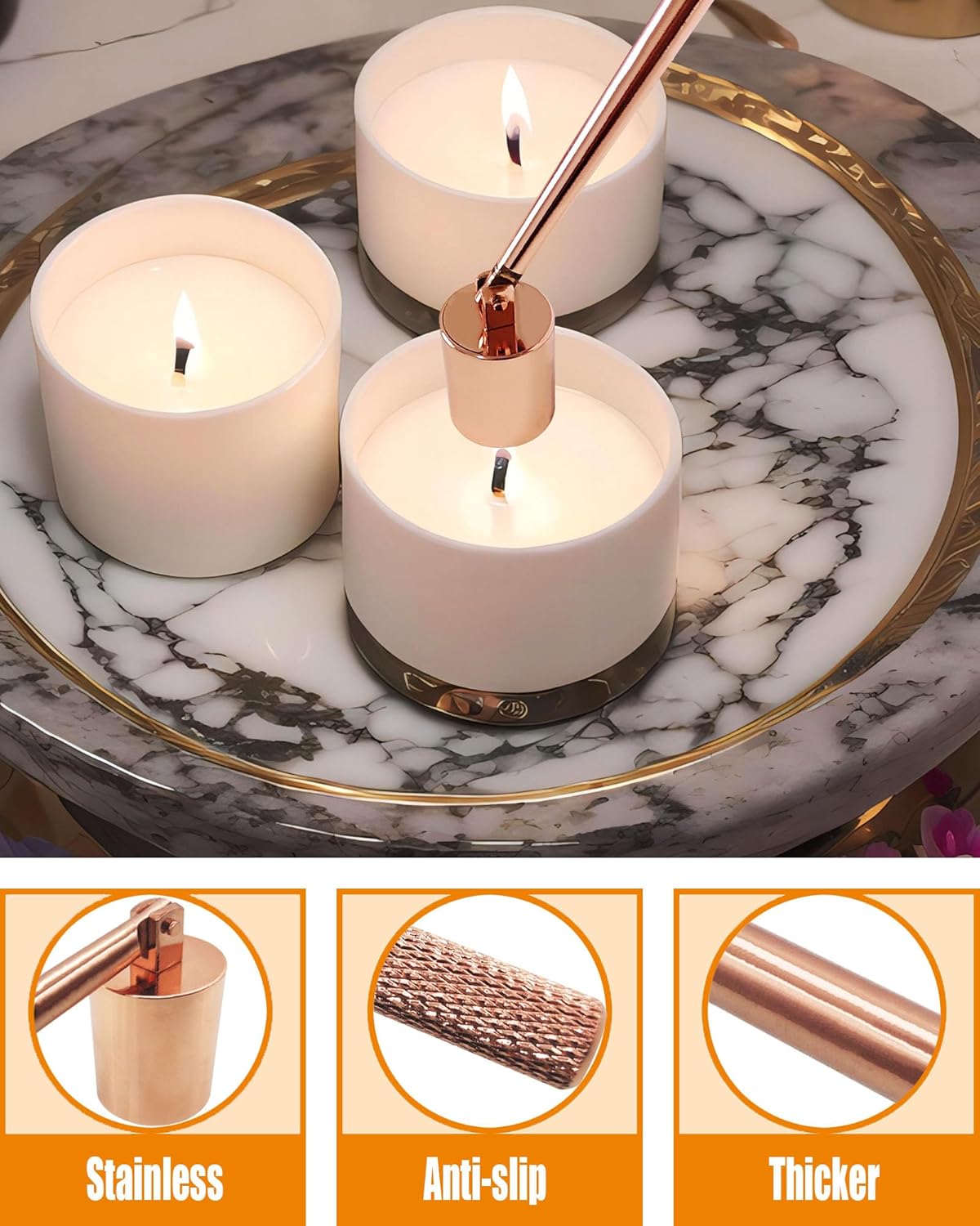 4 in1 Candle Accessory Set with Rechargeable Candle Lighter, Candle Wick Trimmer, Candle Wick Snuffer, Candle Wick Dipper, Candle Care Kit (Rose Gold)