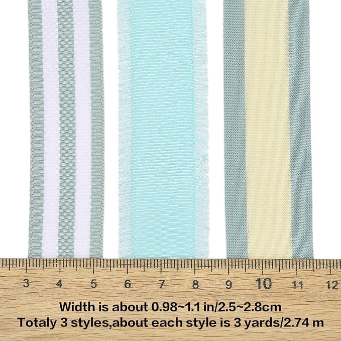 BEEFLYING 3 Styles Green Wire Edged Ribbons for Gift Wrapping Decoration 25~28mm×2.7m Stripe Satin Ribbons for Wedding Party Decoration Hair Bows Flower Designs Sewing and Craft, 9 Yards