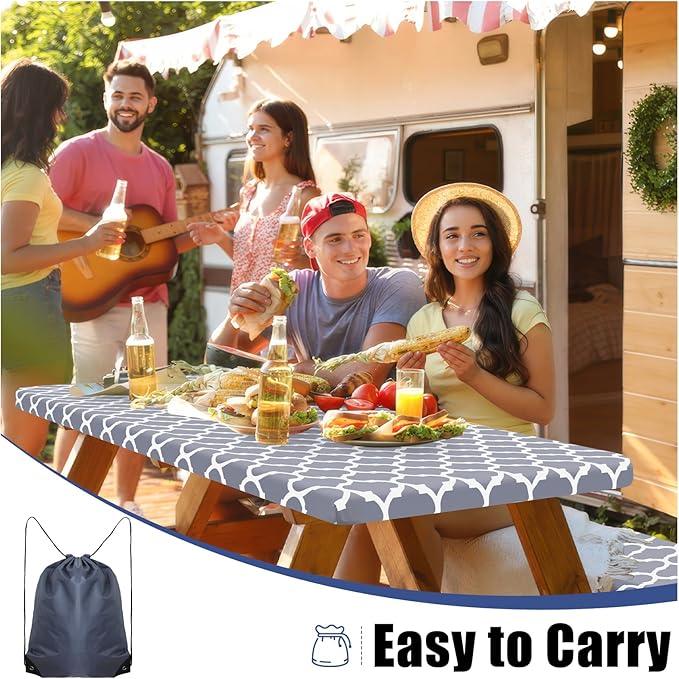 Smiry Picnic Table Cover with Bench Covers, Waterproof Elastic Fitted Tablecloth for 5 Foot Tables, Washable Polyester Tablecloths for Camping, Indoor & Outdoor (Grey, 30x60 Inch 3-pc Set)