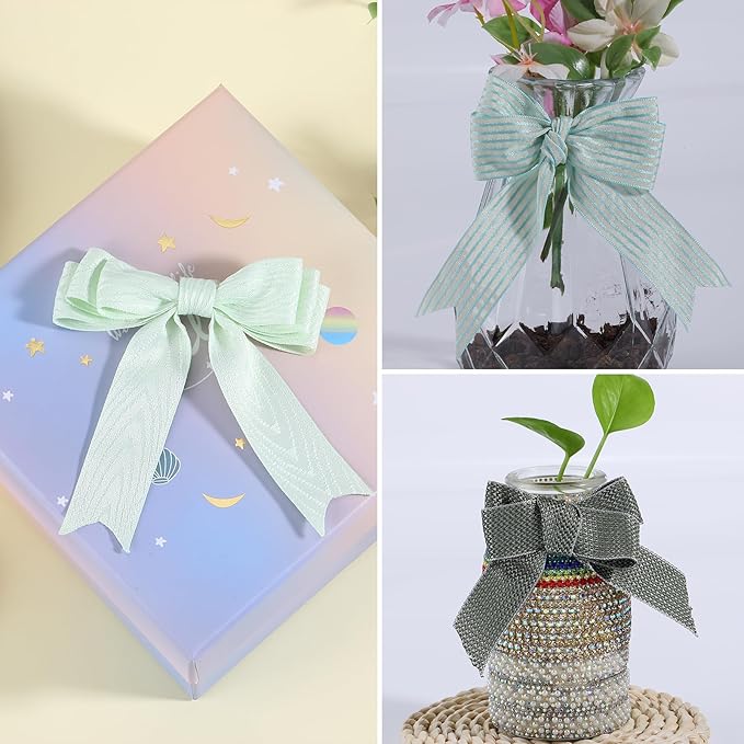 BEEFLYING 3 Styles Green Wire Edged Ribbons for Gift Wrapping Decoration 25~28mm×2.7m Stripe Satin Ribbons for Wedding Party Decoration Hair Bows Flower Designs Sewing and Craft, 9 Yards