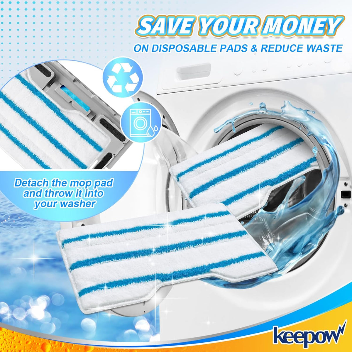 KEEPOW Reusable Mop Replacement Pads, Mop Pads Refills Compatible with Shark Vac Mop VM252 VM200 VC205 VM250 /QM250 VM190 VM200P12, Hardwood Floor Mop Pad with Upgraded Dirt Chamber (1+2+3 Pads)