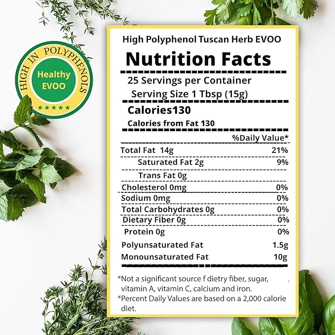 M.G. Pappas High Polyphenol Tuscan Herb Infused Olive Oil Extra Virgin - Over 500mg/kg - Unfiltered First Cold Pressed Greek Evoo - Award Winning