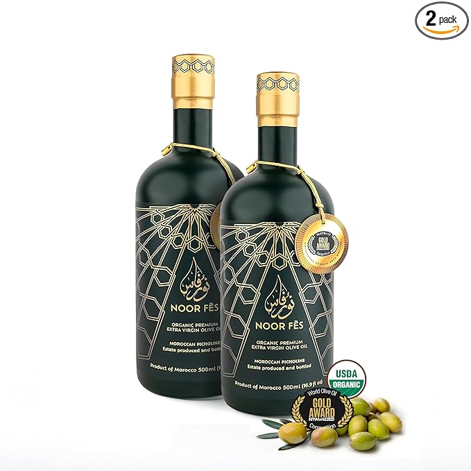 Noor FÈS USDA Organic Extra Virgin Olive Oil, 584 mg/kg High in Polyphenols, 100% Unrefined, Moroccan Cold Extracted Evoo, Less than 0.15% Acidity