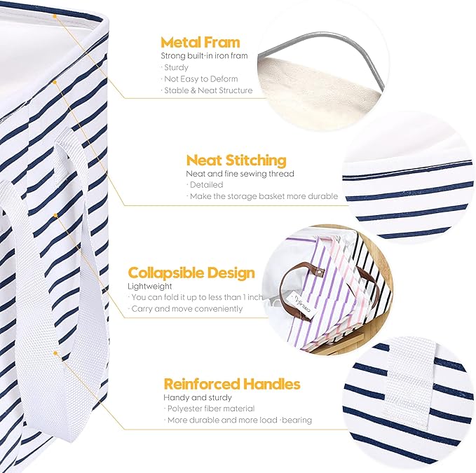 Hinwo 102L XXL Storage Bins, 4-Pack Closet Organizers and Storage, Foldable Clothes Storage Baskets with Handles, Containers for Clothing, Blanket, Comforters, Toys, Bedding (Navy Stripe)