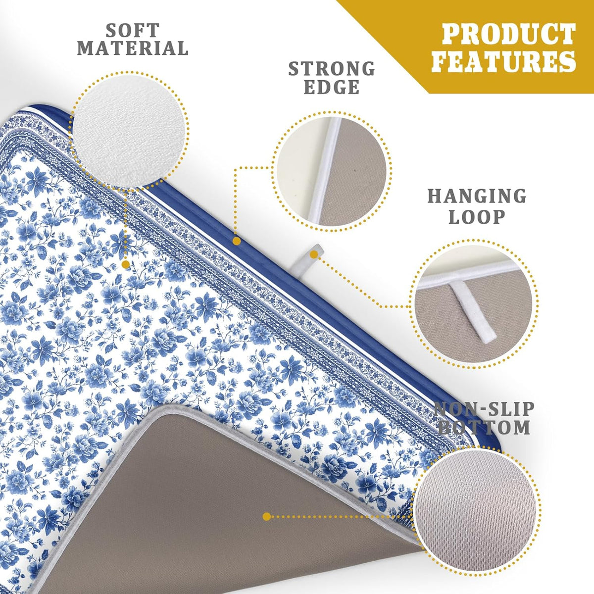 Blue Floral Branches Dish Drying Mat for Kitchen Counter Chinoiserie Pattern Dish Drying Pad 16”x18”Absorbent Vintage Flowers Decor Dishes Drainer