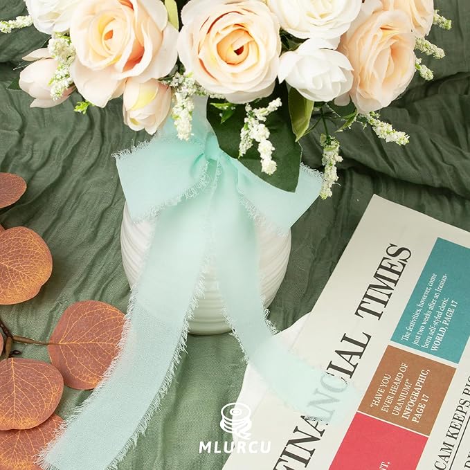Aqua Chiffon Ribbon - 1-1/2 Inch x 21 Yards, Frayed Silk for Gift Wrapping, Wedding Invitation, Bridal Flower Bouquets