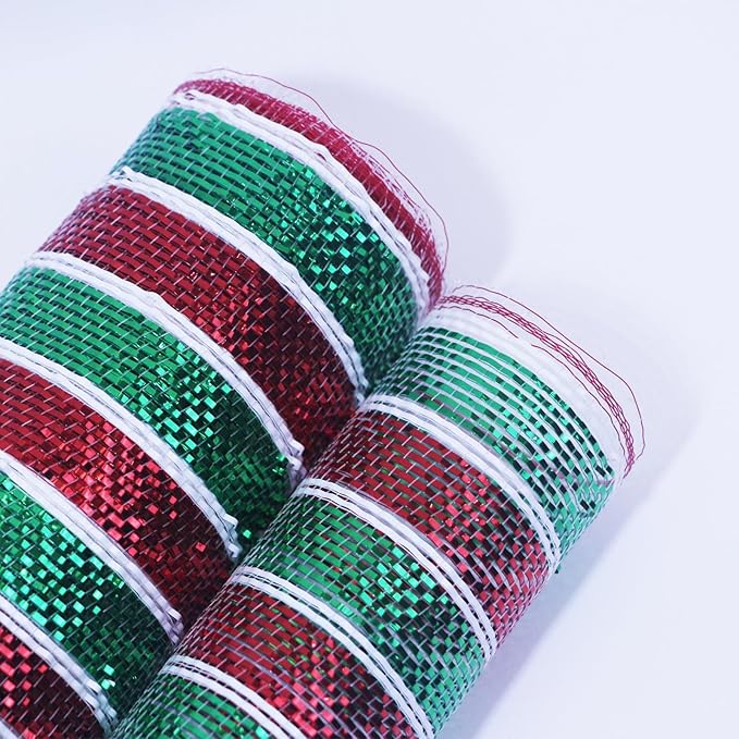 5 Rolls Christmas Mesh Ribbon for Wreath, 10 Inch x 30FT Per Roll Metallic Foil Deco Mesh Rolls Red White Green Stripe Decorative Mesh for Christmas Tree Winter Holiday Wreath Party Decor
