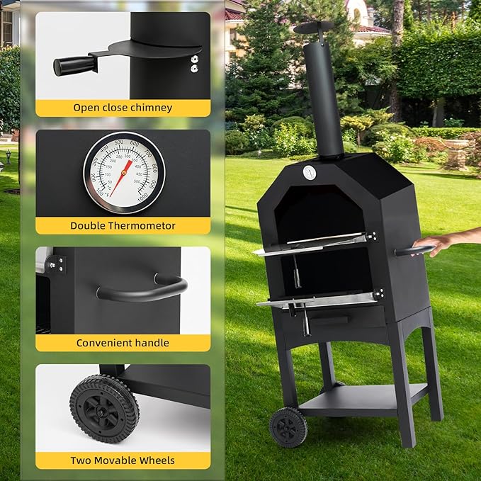 Outdoor Pizza Oven, Wood Fired Pizza Oven with Wheels for Outside, Portable Pizza Maker with Stone, Peel, Cover & Cooking Grids for Backyard, Patio, Camping, Black