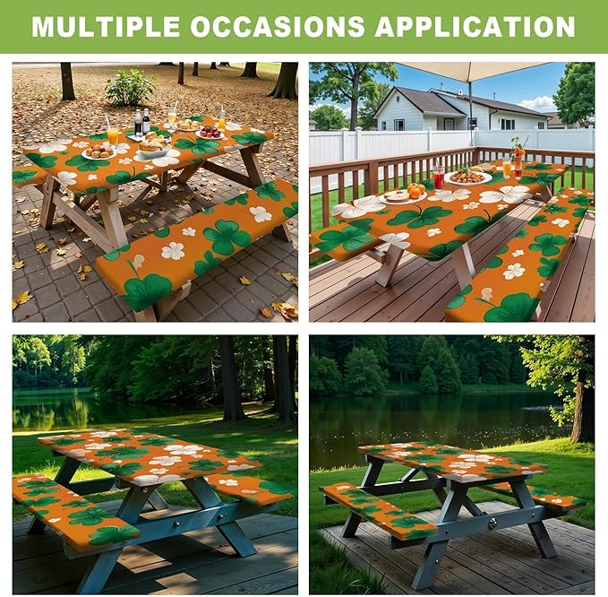 ANNA QUEEN 6FT Four Leaf Clover Orange St. Patrick's Picnic Table Cover with Bench Covers Picnic Table Cover Set 3PCS 72"x30", Outdoor Bench and Tablecloth Furniture Protection