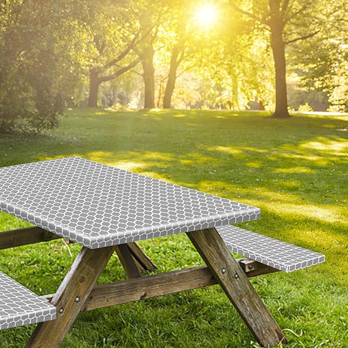 8ft Picnic Table and Bench Cover, Camping Essentials RV Gear, 96 in Waterproof Windproof Outdoor Elastic All Around Tablecloth, Fitted Rectangle Tables and Seats, Gray-White Moroccan
