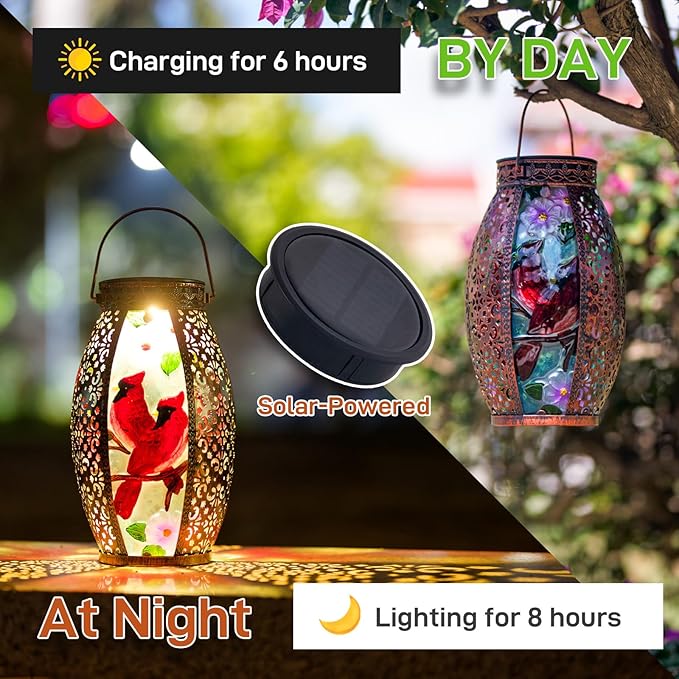 Cardinal Outdoor Solar Lanterns Waterproof 13.8" Large Hanging Solar Lantern Decorative Cardinals Solars Lights for Outside Yard Table Patio Garden Pathway Lawn Cardinal Gifts