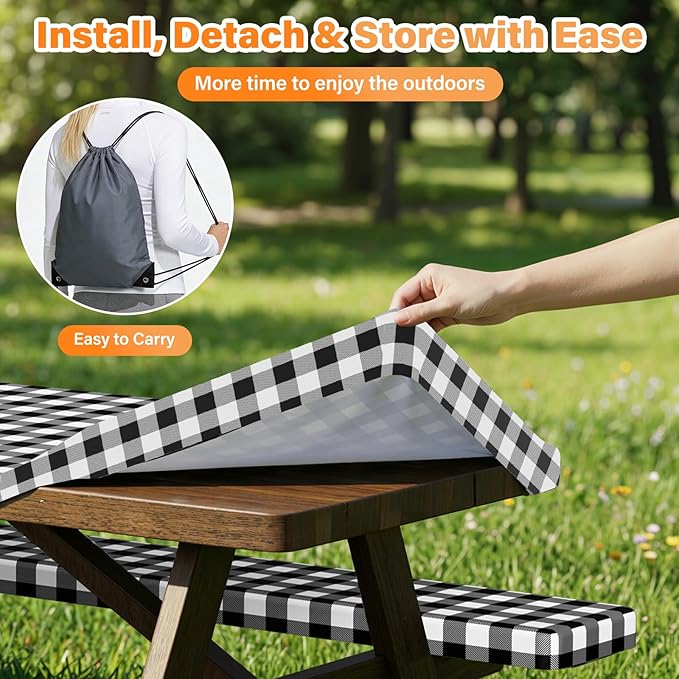 HappyTrends Fitted Picnic Table Cover with Bench Covers - 6FT Dual Layer Waterproof Camping Tablecloth with Windproof Elastic Edging & Bag, Washable RV Camping Accessories (96x30in, Black Checkered)
