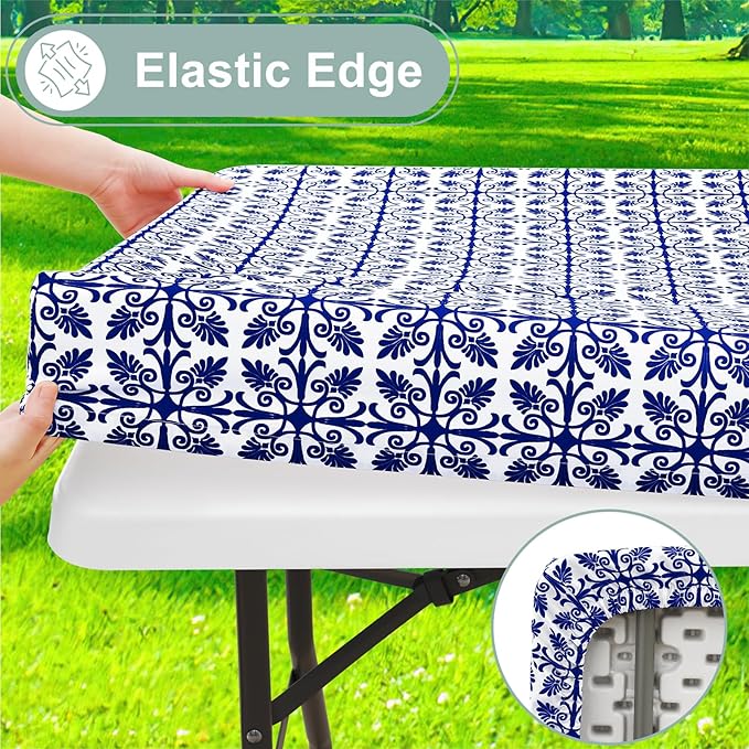 misaya Picnic Table Cover with Bench Cover, Waterproof Elastic Fitted Tablecloth for 8 Foot Tables, Rectangle Washable Polyester Tablecloths for Picnic, Camping, Outdoor (Navy, 30" x 96")