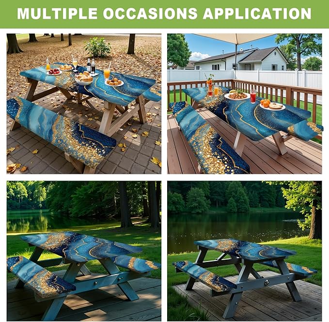 ANNA QUEEN 6FT Blue Marble Picnic Table Cover with Bench Covers Picnic Table Cover Set 3PCS 72"x30", Waterproof Outdoor Bench and Tablecloth Furniture Protection for Camping