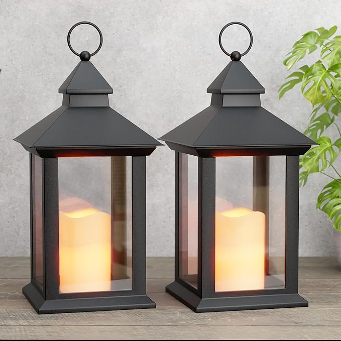 14" Lanterns Decorative Indoor/Outdoor, 2 Pack Black Lantern Decor with Timer Candle, Waterproof Battery Operated Outdoor Lanterns, Vintage Hanging Lanterns for Patio, Porch, Entryway, Centerpieces
