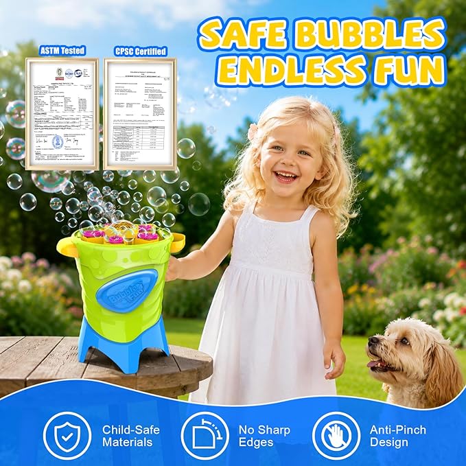 Automatic Bubble Machine for Kids - High Output Bubble Maker with 20000 Bubbles Per Minute - Includes 4 Solutions for Outdoor Toddler Toys and Backyard Parties