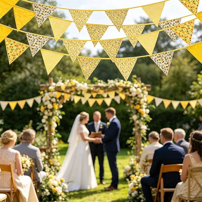 Zwiebeco 32Ft Yellow Fabric Floral Pennant Banner Bunting Cotton Flowers Triangle Flags Party Decorations for Birthday Wedding Engagement Bridal Baby Shower Rustic Village Sweet Home Garden Décor