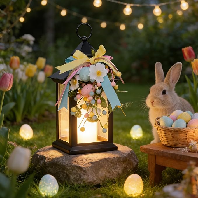 Easter Decorative Candle Lanterns, Battery Operated with Timer, 2 Pack Black Easter Egg Lanterns, 14" Waterproof Hanging Lanterns for Porch, Patio, Wedding Spring Decor