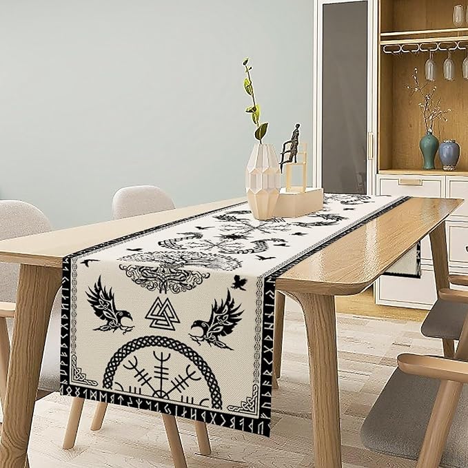 Viking Tree of Life Table Runner, Raven Helmet of Awe Seasonal Table Runner for Kitchen Dining Home Party 13x108in