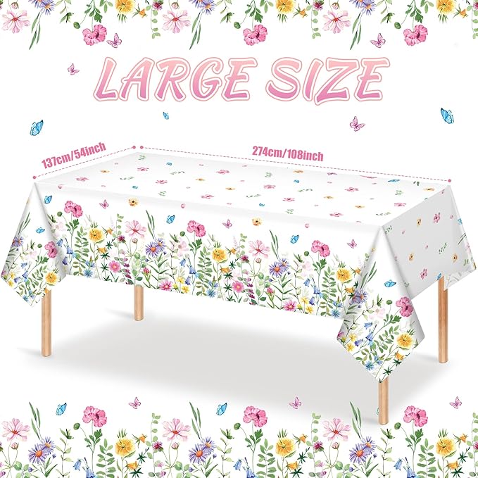 6Pcs Spring Floral Plastic Tablecloth,Pink Purple Blue Flower Butterfly Disposable Table Cover for Home Decor Summer Spring Picnic Dining Holiday Weeding Birthday Tea Party Decorations,54x108 Inch