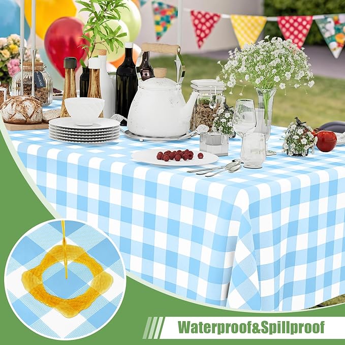 Smiry 5 Pack Baby Bule Gingham Disposable Tablecloths - 54" x 108" Heavy Duty Plastic Table Cloth, Waterproof Buffalo Plaid Table Covers for Picnic, Banquets, Parties