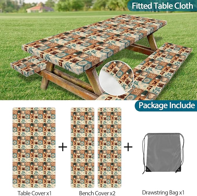 JAWO Coffee Pattern Picnic Table Cover,Bohemian Geometric Vintage Floral Tablecloth with Elastic Edge,Camping Design for Outdoor Camping, BBQ Decor, 96x30 Inch