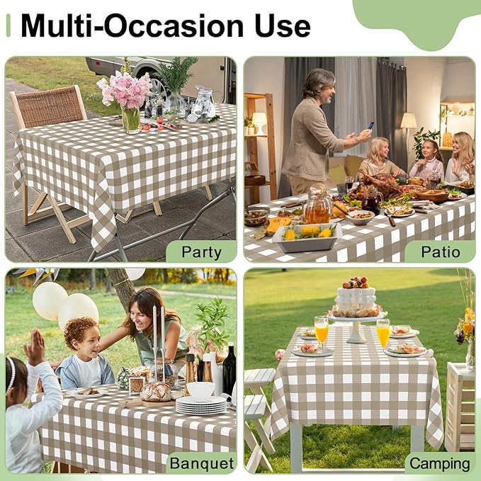 Smiry 3 Pack Khaki Gingham Disposable Tablecloths - 54" x 72" Heavy Duty Plastic Table Cloth, Waterproof Buffalo Plaid Table Covers for Picnic, Banquets, Outdoor Parties