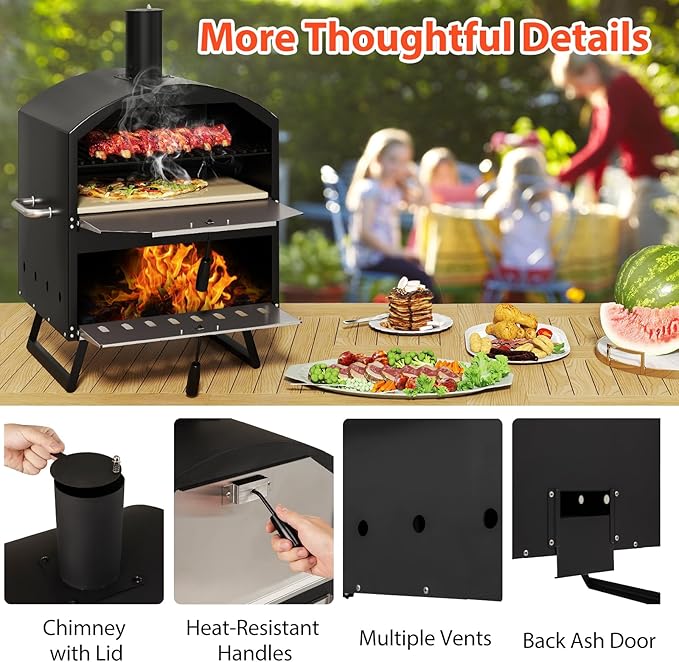 Happygrill Pizza Oven Outdoor, 16” 2-Layer Wood Fired Pizza Maker with Stone, Peel & Grill Racks, Portable Burning Stove with Folding Legs and Cover for Camping Patio Backyard BBQ
