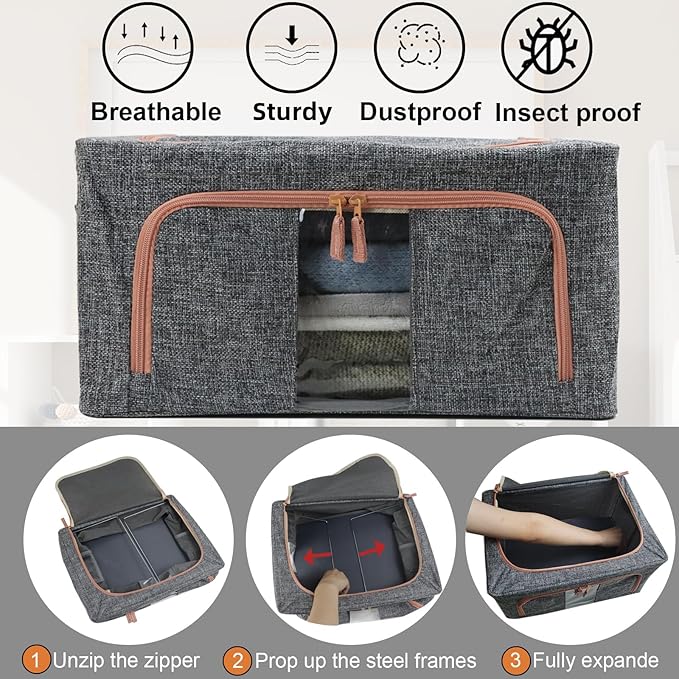 Linen Clothes Storage Bins, 4PCS Sturdy Closet Organizers and Storage Bin with Metal Frame, 2 Opening Ways Fabric Visible Lidded Storage Box for Organizing Clothing,Jeans,Sheets (4PC Gray, 22Liters)