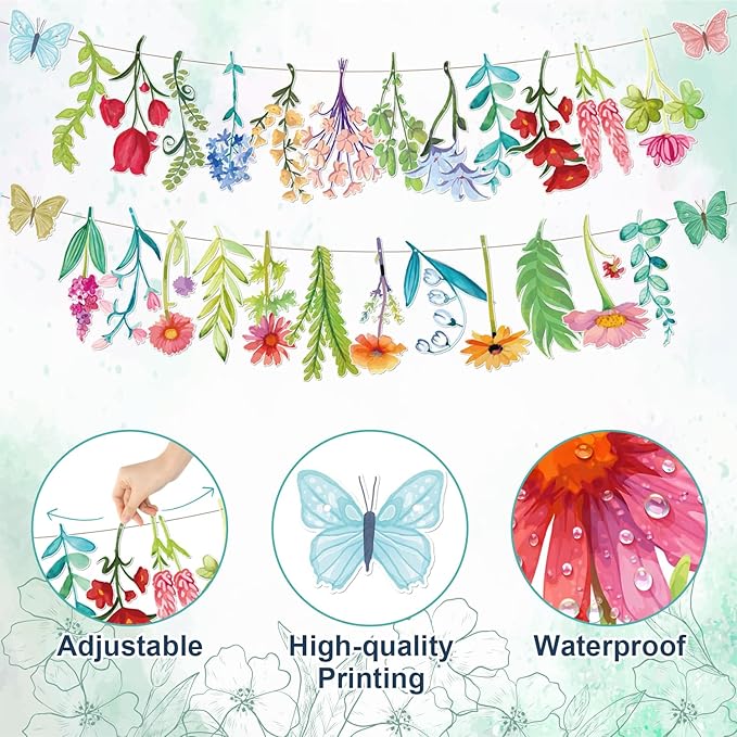 Wildflower Butterfly Party Garland Wedding Party Banner Decorations for Spring Garden Tea Party Birthday Wedding Bridal Baby Shower Supplies