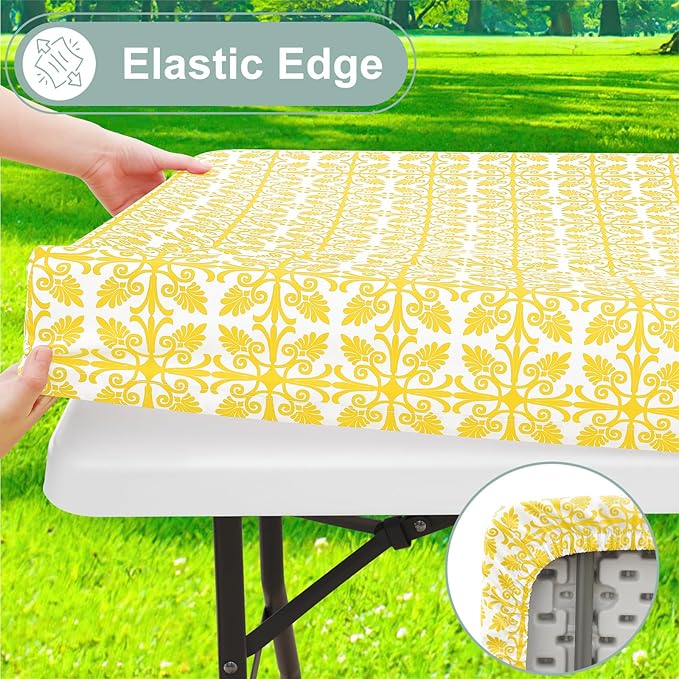 misaya Picnic Table Cover with Bench Cover, Waterproof Elastic Fitted Tablecloth for 6 Foot Tables, Rectangle Washable Polyester Tablecloths for Picnic, Camping, Outdoor (Yellow, 30" x 72")