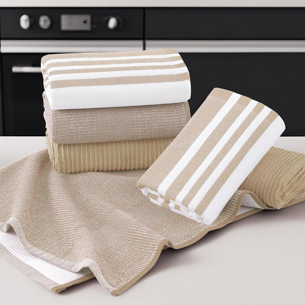 Homaxy Premium Kitchen Towels(18”x 28”, 9 Pack), Large Cotton 380 GSM Kitchen Hand Towels, Soft and Absorbent Terry Dish Towels, Multipurpose Tea Towel Set with Hanging Loop, Khaki