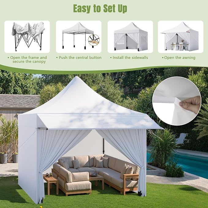 10x10 Pop Up Canopy Tent with Awning and Sidewalls, 550D Commercial Canopy, Waterproof Party Tent with Roller Bag, White
