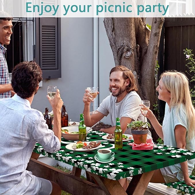 St. Patrick's Day Picnic Table Cover with Bench Covers, Camping Essentials, Buffalo Plaid Shamrock Lucky Outdoor Table Covers, Waterproof, Fitted Tablecloth Cover with Elastic Edge, 3 PCS, 30x72 Inch