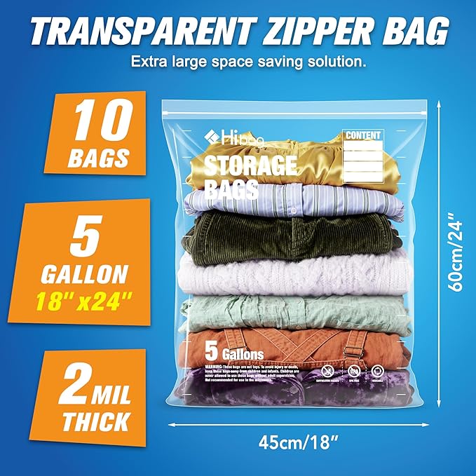 5 Gallon Extra Large Zippered Plastic Bags for Storage, 18'' x 24'', Clear Storage Bags for Clothes, Extra Thick 10 pack