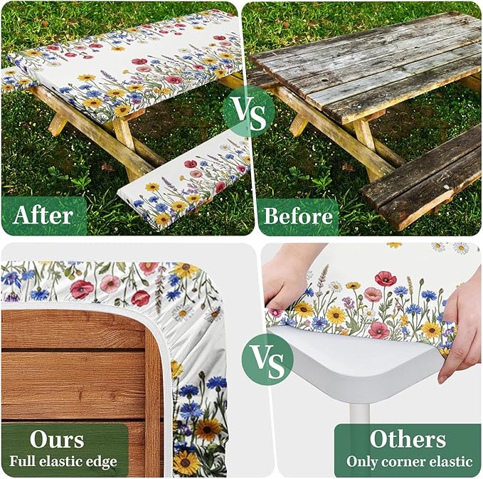 Picnic Table Cover with Bench Covers Elastic Edges, Wildflower Floral Camper Fitted Table Cover, Outdoor Camping Essentials 72 Inch 3PCS, Waterproof Camping Fitted Tablecloth with Drawstring Bag