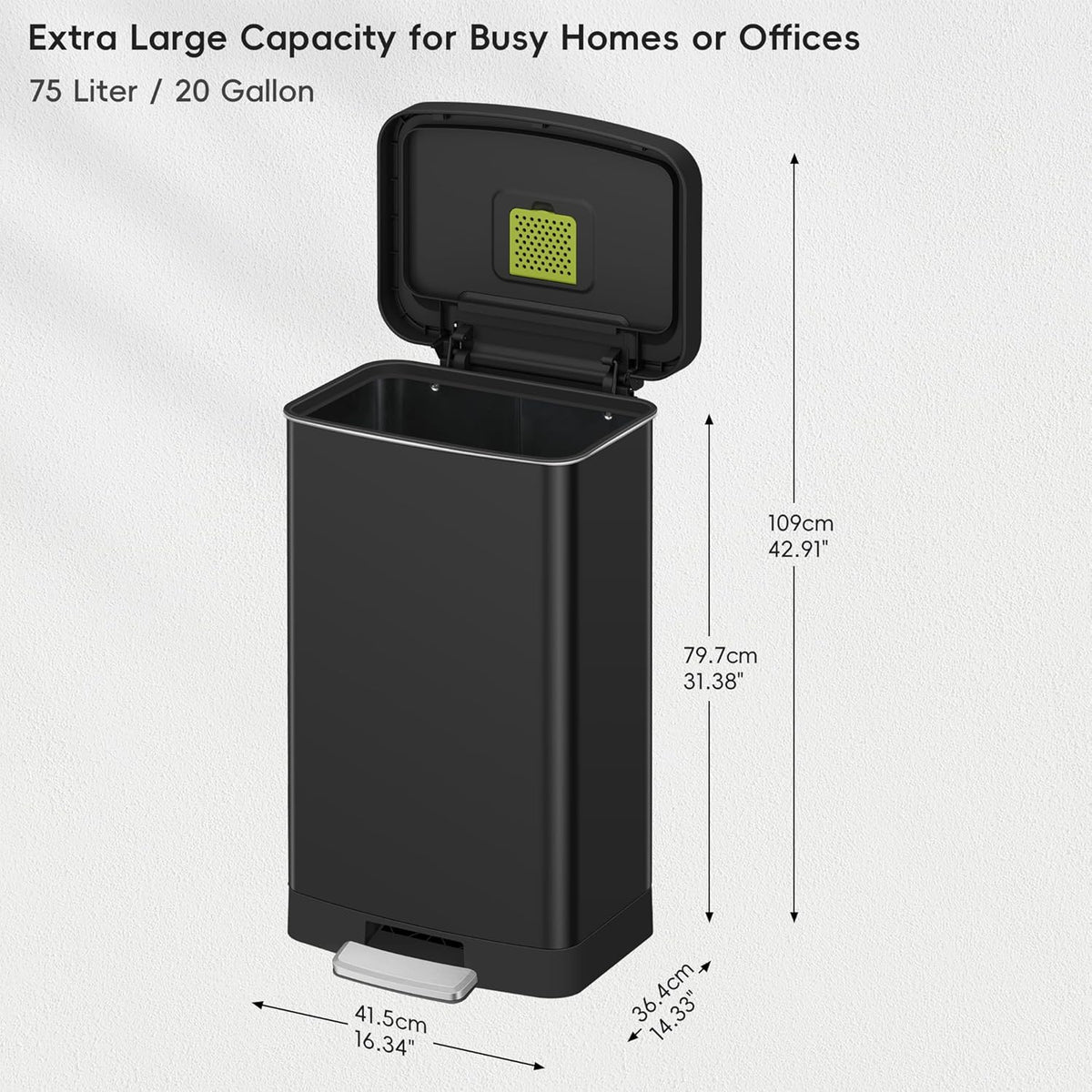EKO Hudson Matte Stainless Steel 75 Liter/20 Gallon Large Kitchen Trash Can, Tall Step Garbage Can with Rear Bag Storage Compartment (Matte Black)