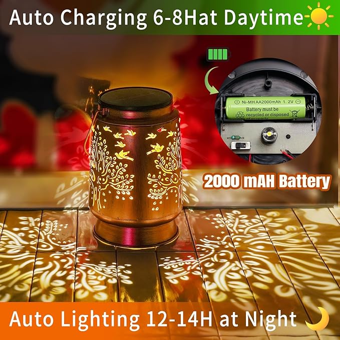 Solar Lanterns Outdoor Metal Garden Mothers Day Gifts for Women Mom Waterproof Hanging Solar Lights Decorative Large Outdoor Lantern with Upgraded 2000mAH Battery, Decorations for Garden Patio Yard