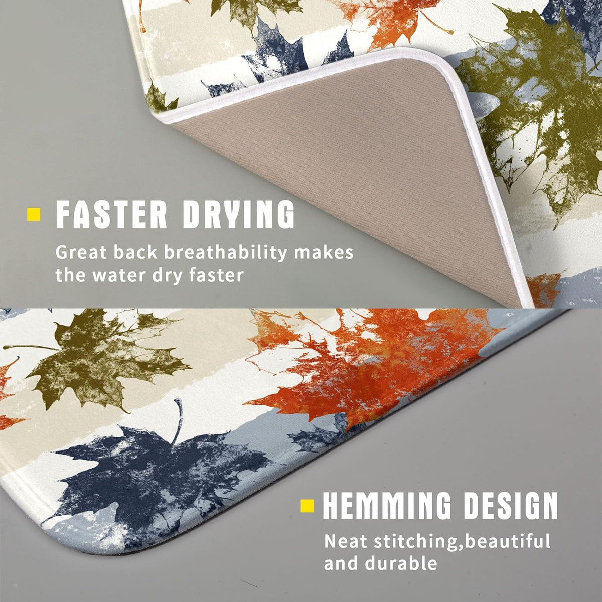 Autumn Colorful Maple Leaves Dish Drying Mat for Kitchen Counter,Blue and White Stripe Drying Mat 16 x 18 Inch with Absorbent Reversible Microfiber