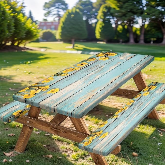 Flowers Picnic Table Cover with Bench Covers, Wooden Vintage Farmhouse RV Camping Tablecloth Fitted Picnic Table Covers, Country Rectangle Tables Family Garden Outdoor Party Decorations, 30X72in