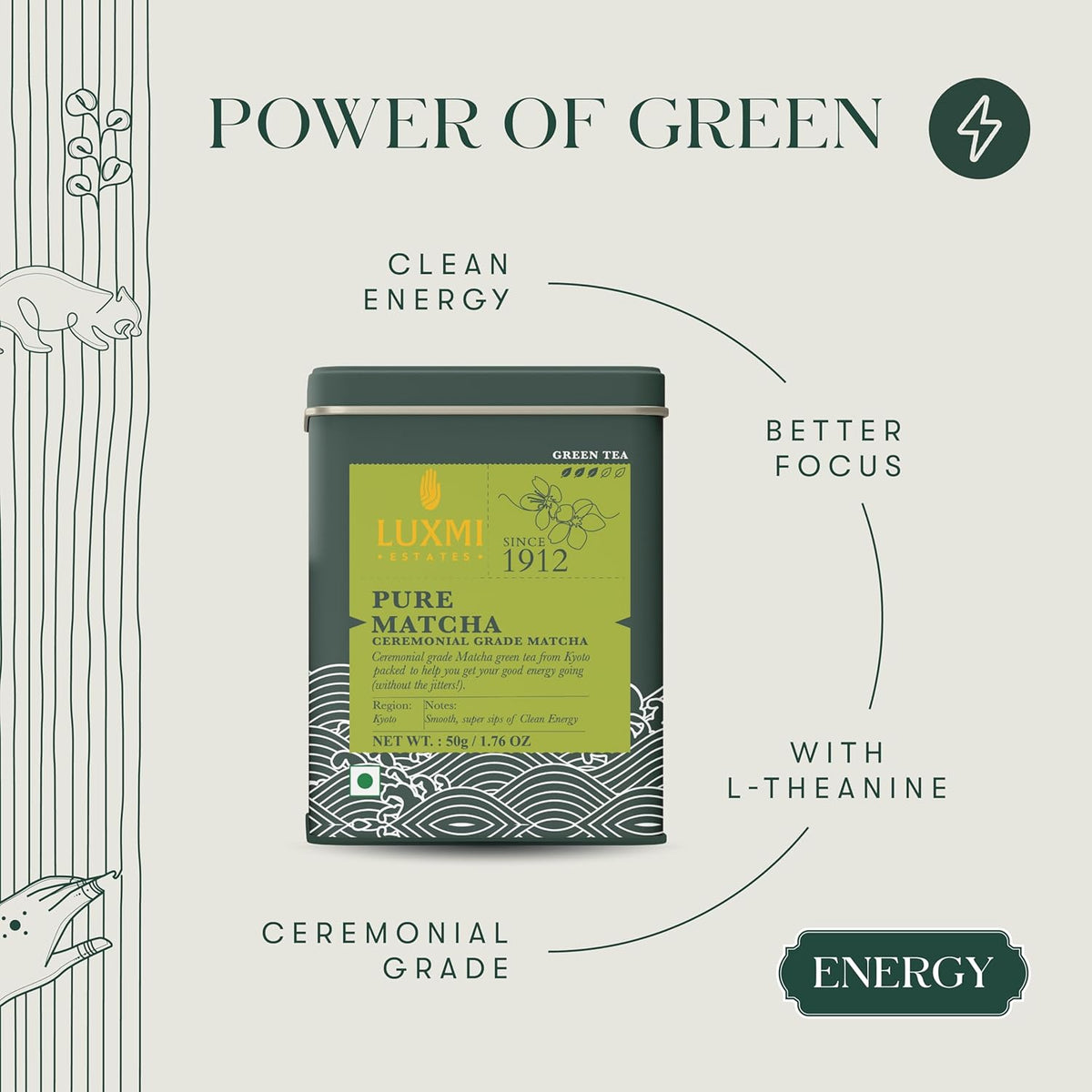 Luxmi Estates - Pure Matcha - Ceremonial Grade Matcha Powder - 50g, Organic, Stone-Ground Matcha Tea, Rich in Antioxidants