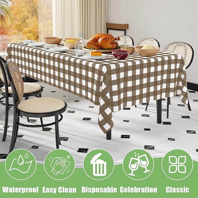 Smiry 6 Pack Brown Gingham Disposable Tablecloths - 54" x 108" Heavy Duty Plastic Table Cloth, Waterproof Buffalo Plaid Table Covers for Picnic, Banquets, Outdoor Parties