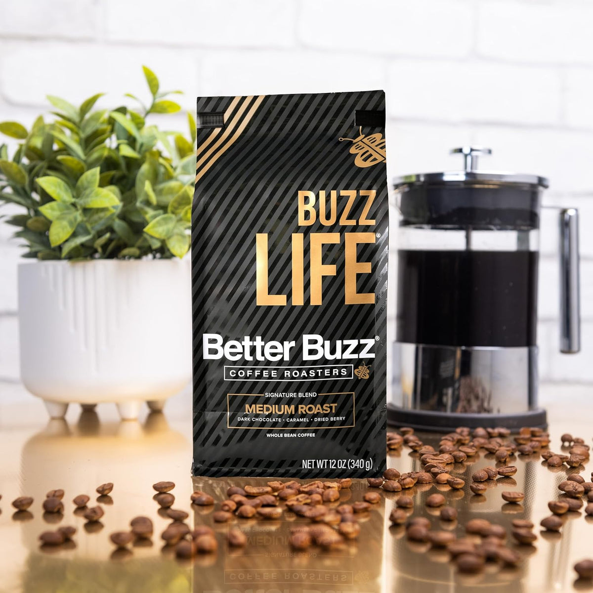 Better Buzz Life Blend (Buzz Life) Whole Bean Coffee Medium Roast, 12 Ounce, Small Batch Roasted Arabica Coffee Beans, Dark Chocolate Notes