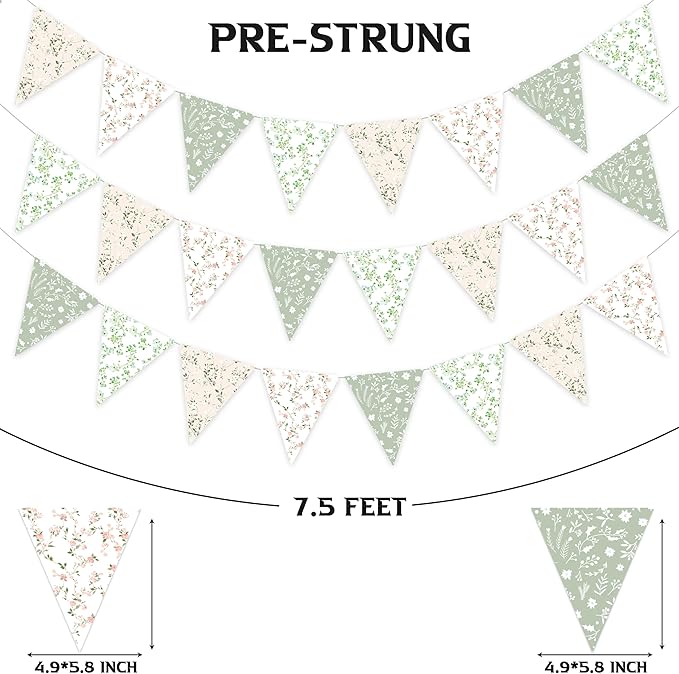 3pcs Sage Green Floral Triangle Bunting Banners Garland, Boho Wildflower Pennant Flags for Baby Shower Bridal Shower Wedding Birthday Party Garden Home Decor