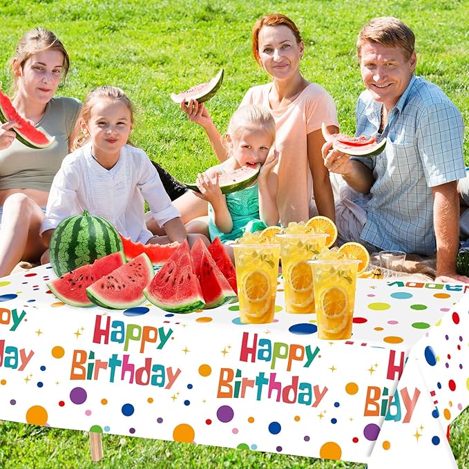 2 Pack Happy Birthday Tablecloth Party Decorations, 54X108inch Disposable Rectangle Colorful Polka Dots Table Cloths Waterproof Plastic Table Cover for Girls Boys Kids Birthday Supplies