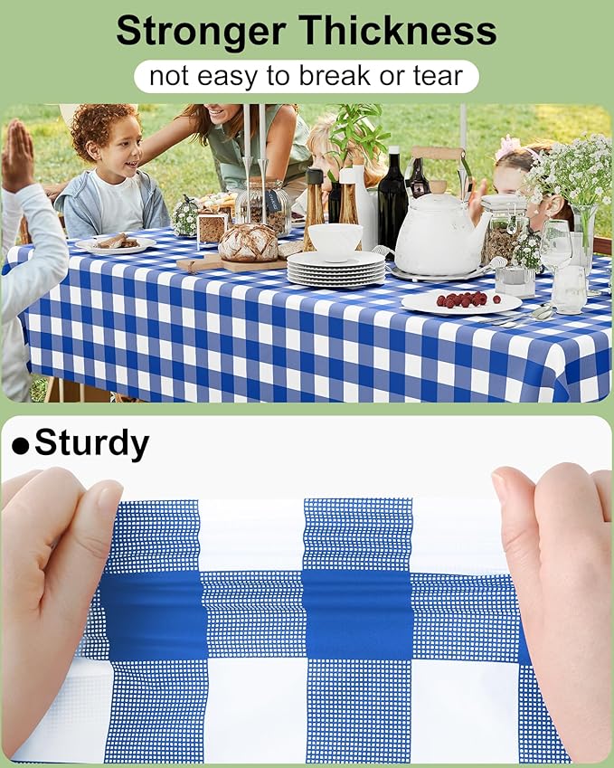 Smiry 12 Packs Gingham Disposable Table Cloth, 54 x 108 Inch Waterproof Plastic Tablecloth, Rectangle Blue and White Checkered Table Covers for Picnic, Birthday, Party
