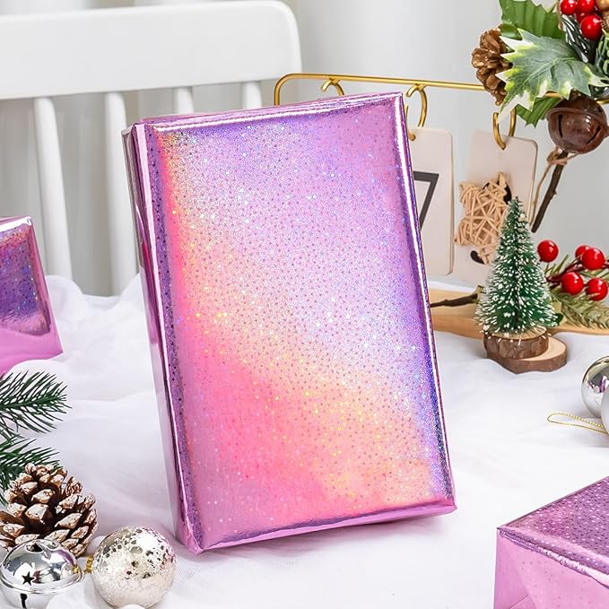 Burymento Pink Wrapping Paper Roll, Metallic Holographic Star Gift Wrap for Birthday, Valentines, Mothers day, Graduation, Wedding, Fathers day, Baby Shower, Christmas (30 IN x 32.8 FT)