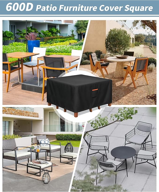 Outdoor Waterproof Furniture Cover, 94W x 94L x 28H inches Heavy Duty 600D Square Table and Chair Set Protection, Black